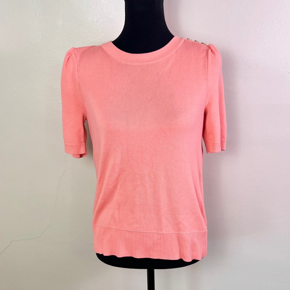 Talbots Short Sleeve Sweater M Coral Pink Gold Button Shoulder Puff Sleeve Top